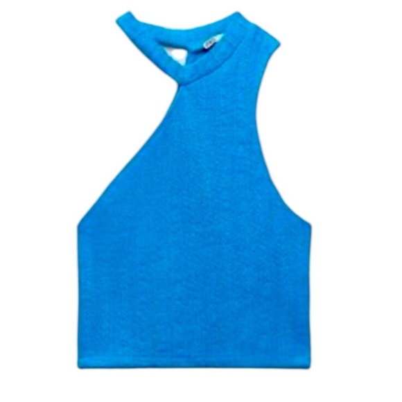 ZARA BLUE ONE SHOULDER CUT-OUT CROPPED TOP SZ LG EUC - Picture 3 of 5